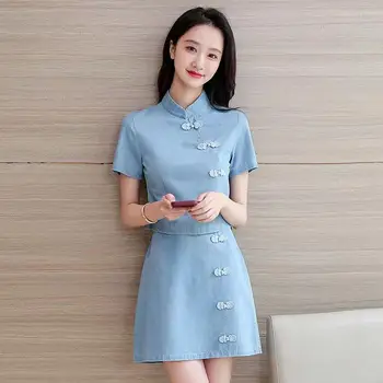 2023 kitajski modi, denim dva-kos slim poletje novo izboljšano qipao gumb cheongsam bluzo, krilo dnevno obleko za ženske g689 Slike