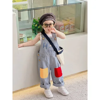 2023 Poletje Korejskem Slogu Otroci Naramnice Jean Žepi, Kontrastne Barve, Moda Nova Zasnova Zelo Mehko Preprosto Priložnostne Slike