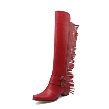 Pozimi Novo Zahodni Čevlji Modni Oblikovalec Kolena Visoki Škornji za Žensko Rese Sponke Visoke Škornje Opozoril Dame Nagnila Dolgo Čevlji Slike