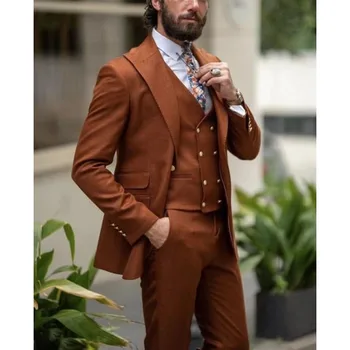 2023 Novo Poroko Moških Rdeče-Rjava Dosegla Vrhunec River Obleke Business Casual Formalno Kostum Homme Slim Fit 3 Kos Set Jakna Telovnik Hlače Slike