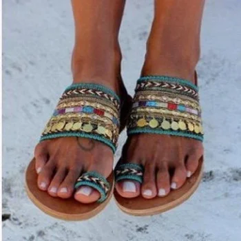 2023 Poletje Nove Ženske Copate Retro Niz Nogi Sequins Ravno Plaži Flip-flops grški Boemski Stil Slip-On Dame Copate Slike