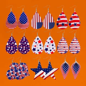 Ameriški Dan Neodvisnosti, Uhani Natisnjeni Zastavo Pet opozoril Star PU Usnje Uhani Kaplja Vode Multi-layer Uho Obroči na Debelo Slike
