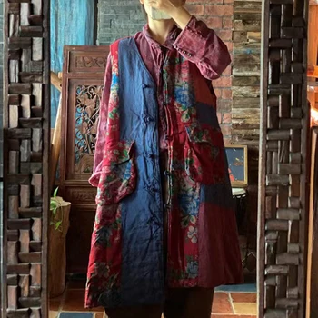 Johnature Perilo, Bombaž Mozaik Ženske Dolgo Telovnik Coats Letnik Tiskanja Kitajski Stil Pomlad 2023 Novo Ohlapno Retro Proti-vrat Telovnik Slike