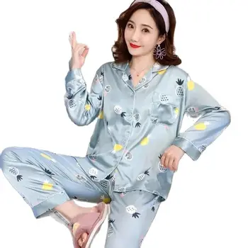 Moda Pižamo Žensk Pomlad In Poletje Ice Svile korejska Različica Dolgo sleeved Seksi Velike-velikost Tiskane Svile Domov Oblačila Ženski Slike