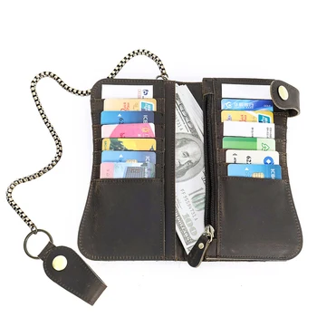 Moda pravega usnja, telefon, denarnico denarnica dolgo torbico vintage stilu, z železno verigo posnetek denarnice dolgo denarnice zadrgo torbi za moškega Slike