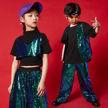 Otroci Zelene Bleščica bo Ustrezala Uspešnosti Oblačila Jazz Dance Street Nositi Za Dekleta Fantje Sodobni Ples Hip Hop Rave Oblačila DQS12243 Slike