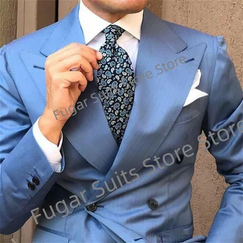 Podjetje Modra Poroko Človek Obleke Slim Fit Dvojno Zapenjanje Ženina Formasl Tuxedos 2 Kosa Določa Luxuly Moški Jopič Kostum Homme Slike