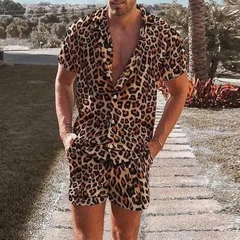 Poletje moška Moda Obleko Leopard Priložnostne Svoboden Kratka Sleeved Majico, kratke Hlače Dva Kosa na Prostem Bombaž Plaža Hlače, Kratko Majico, Obleko Slike