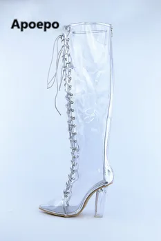 Prodaja Vroče prodajo konicami prstov PVC prozorni nad kolena čevlji Poletje stegno visoki škornji za žensko debele pete dolgo čevlji Slike