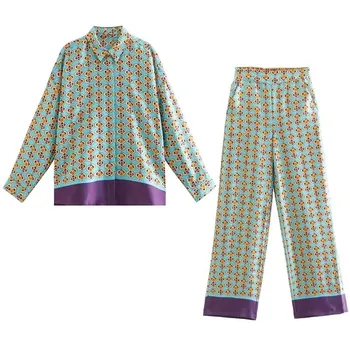Sleepwear za Ženske Letnik Geometrijske Tiskanja Robom Mozaik Svoboden 2 Kos Srajce, Hlače Sklop Priložnostne Ženske Pižame Nastavite Ženske Obleke Slike