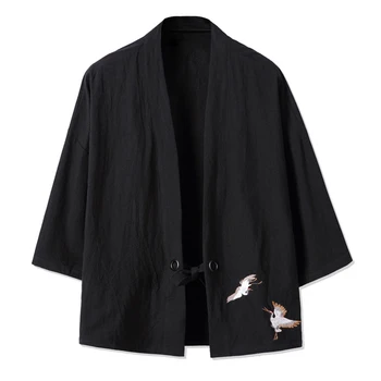 Žerjav Vezenje Haori Kimono Harajuku Japonski Stil Plus Velikost Moških Samurai Kostum Yukata Azijskih Oblačila Jopico Črna Jakna Slike